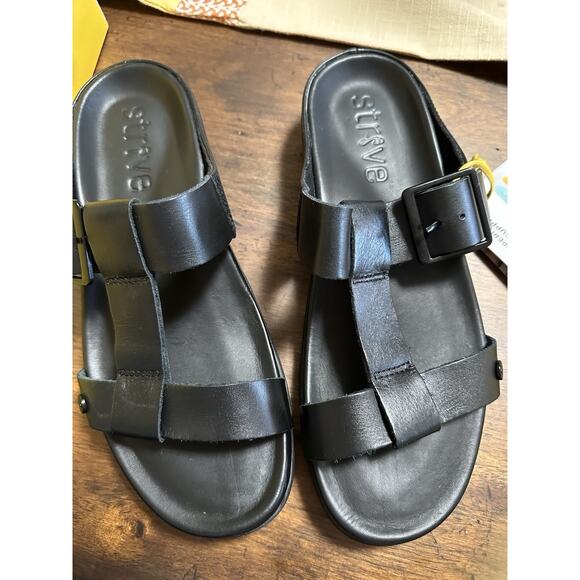 Strive Santorini Round Toe Two Strap Orthotic Sandal All Black Womens US 10-41 - Picture 2 of 7